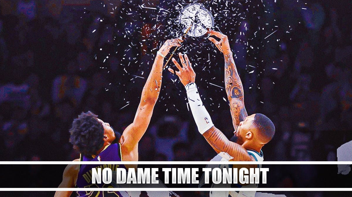 Lakers' Spencer Dinwiddie blocking Bucks' Damian Lillard's game-winner attempt, but instead of a ball, it's a broken clock