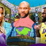 Lakers' Darvin Ham as Patrick in the image above, with Jeanie Buss and LeBron James looking at Ham