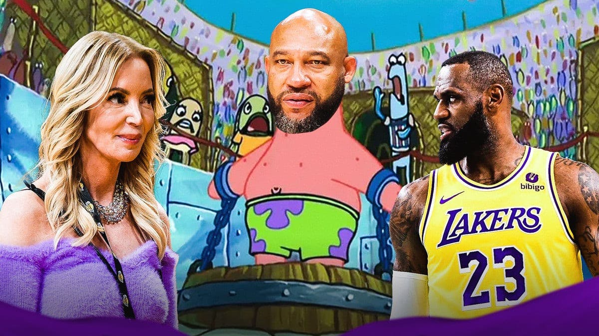 Lakers' Darvin Ham as Patrick in the image above, with Jeanie Buss and LeBron James looking at Ham