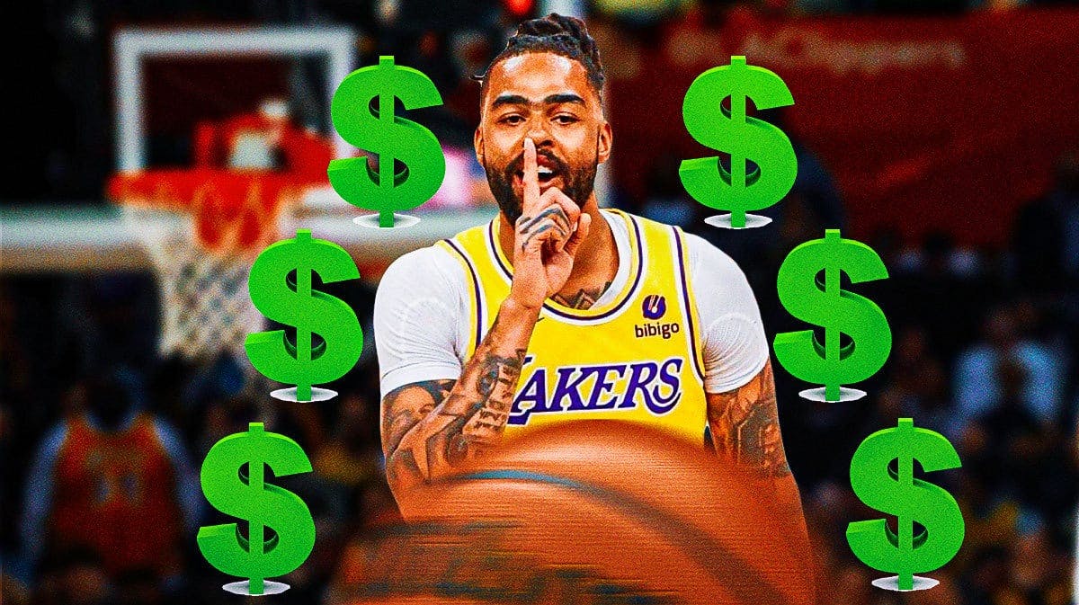 Lakers guard D'Angelo Russell surrounded by dollar signs