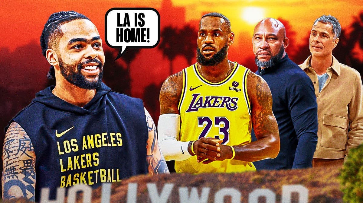 Lakers' D'Angelo Russell saying "LA is home!" next to LeBron James, Darvin Ham, and Rob Pelinka