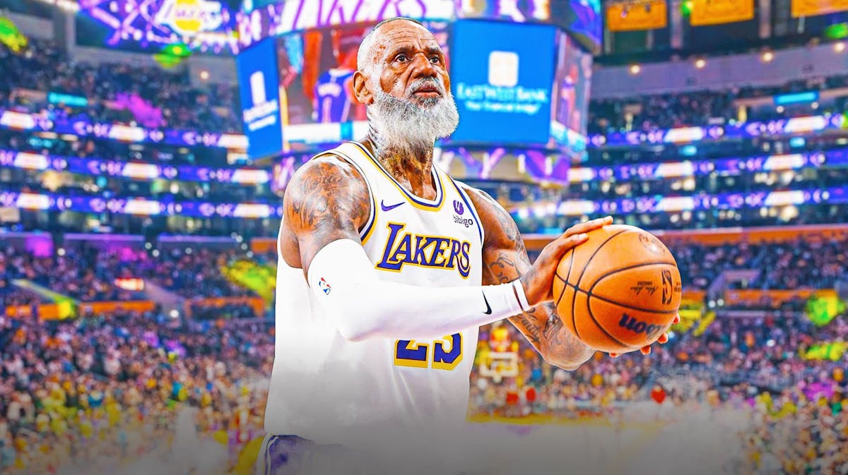 Thumb: LeBron James looking old with grey hair and a grey beard and the Lakers arena in the background, Warriors