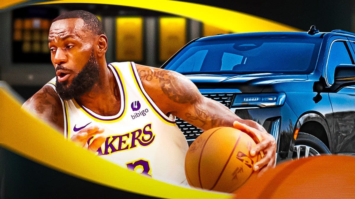 Photo: LeBron James in action in Lakers jersey saying “It ain’t easy”, have a 2003 black Escalade beside him