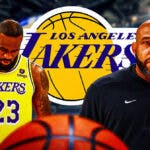 Lakers LeBron James and Darvin Ham next to a Lakers logo at SoFi Stadium
