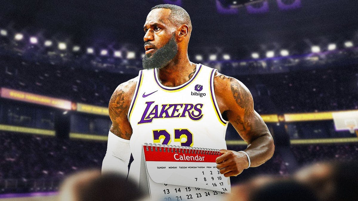 LeBron James with grey beard and hair, while holding a calendar