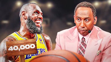 Lakers' LeBron James on the left, with 40,000 points sign. On the right, Stephen A. Smith looking somber.