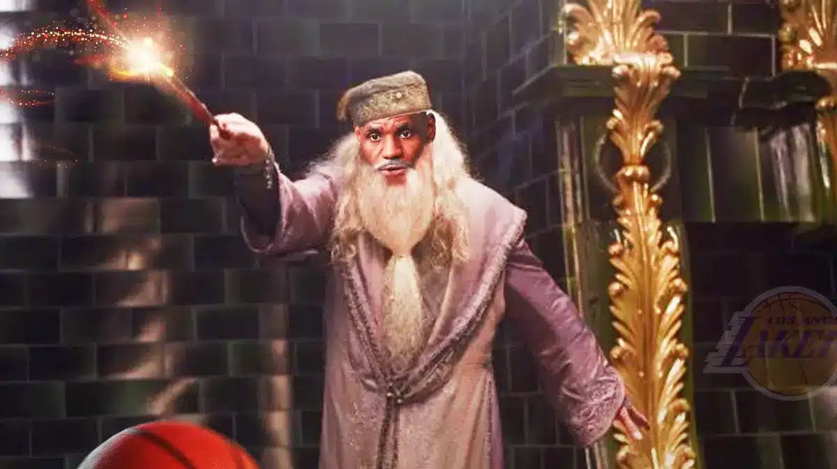 Lakers' LeBron James as Dumbledore with the beard and wand