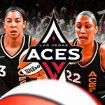 The WNBA Las Vegas Aces logo, with Candace Parker and A’ja Wilson on either side, with a cheering crowd