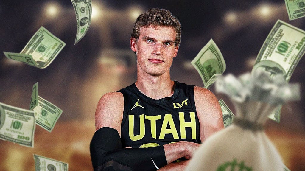 Lauri Markkanen surrounded by piles of cash.