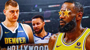 LeBron James on one side with stars in his eyes, Nikola Jokic and Stephen Curry on the other side