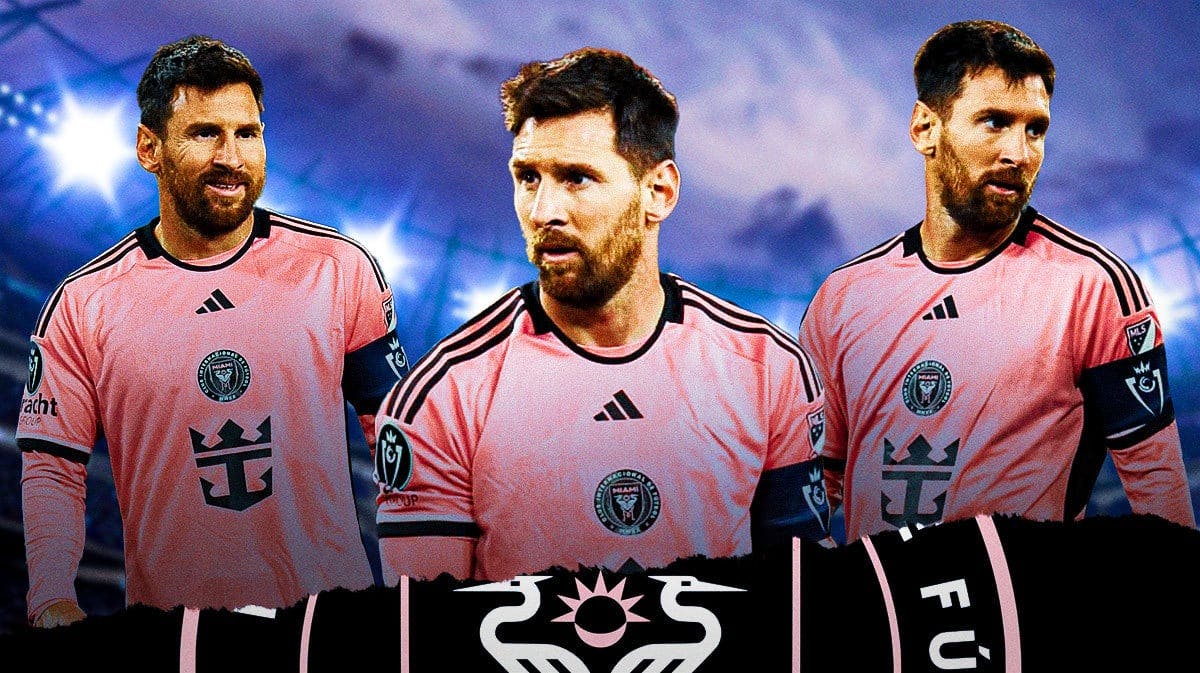 Multiple images of Lionel Messi looking down/sad/struggling in front of the Inter Miami logo