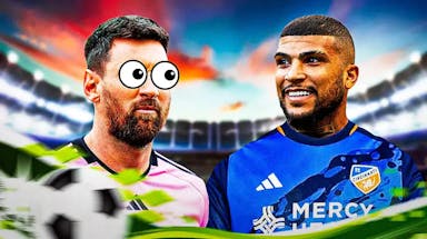 DeAndre Yedlin on one side in an FC Cincinnati jersey, Lionel Messi on the other side with the big eyes emoji over his face