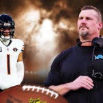 Detroit Lions head coach Dan Campbell with serious face. Justin Fields in Chicago Bears jersey