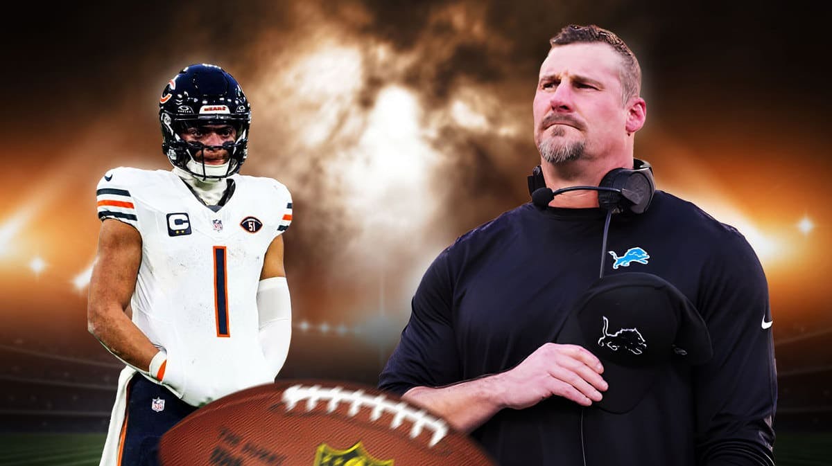 Detroit Lions head coach Dan Campbell with serious face. Justin Fields in Chicago Bears jersey