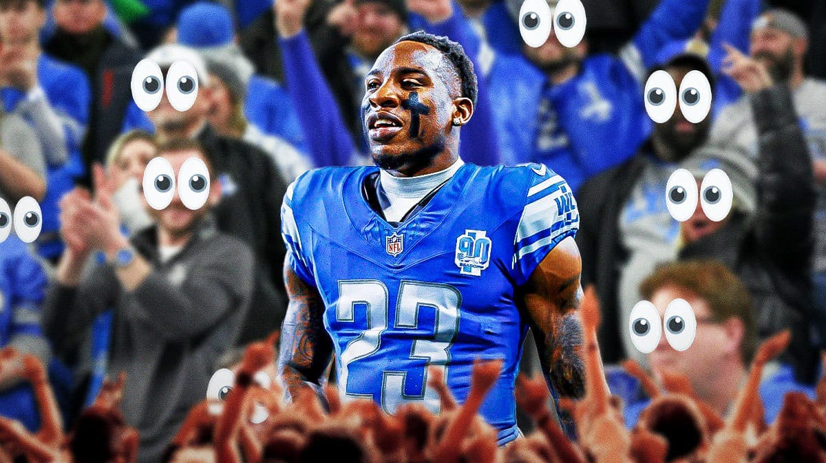 Jerry Jacobs on one side, a bunch of Detroit Lions fans on the other side with the big eyes emoji over their faces