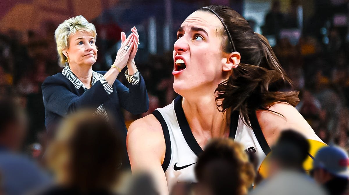 Photo: Caitlin Clark in action in Iowa women’s basketball jersey, Lisa Bluder looking at her smiling