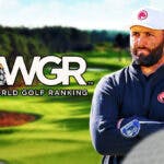Jon Rahm next to Official World Golf Ranking logo