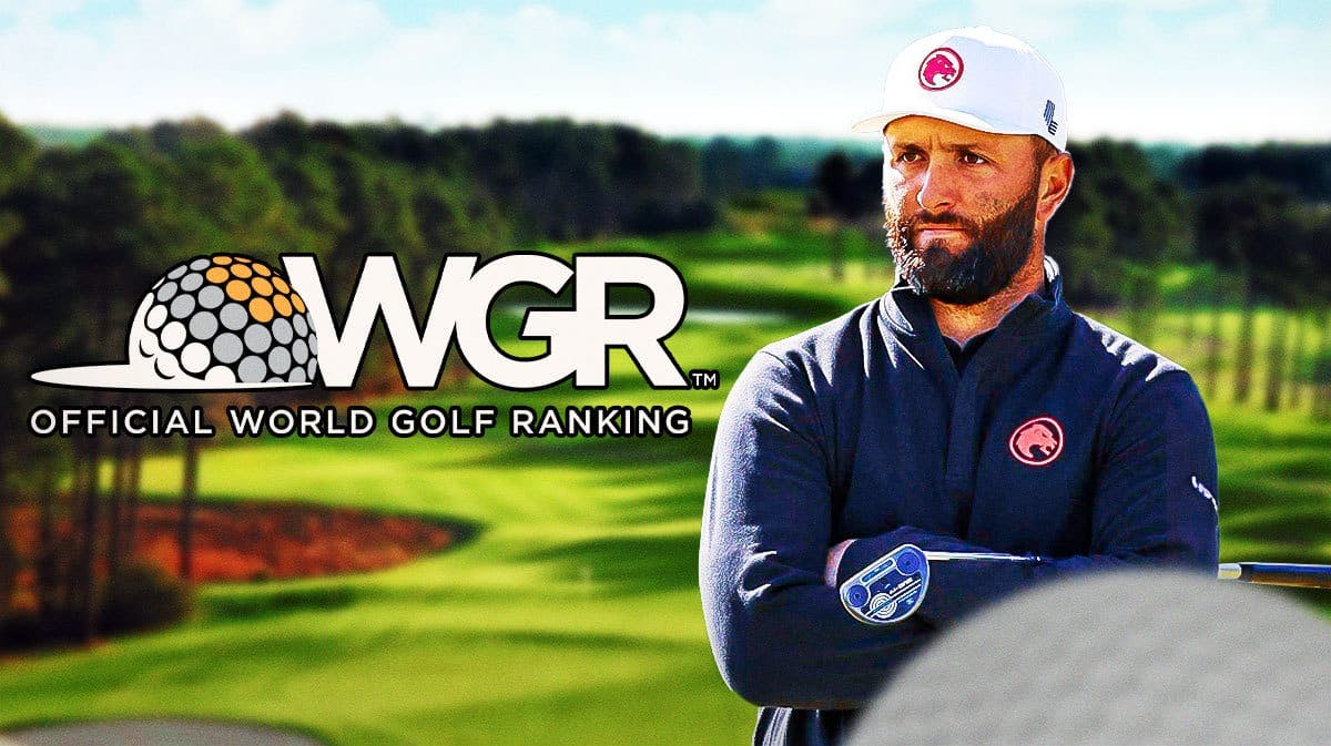 Jon Rahm next to Official World Golf Ranking logo