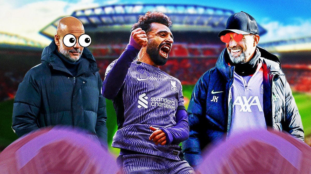 Photo: Mo Salah in action in Liverpool jersey, Jurgen Klopp looking at him with heart eyes, Pep Guardiola with peeping eyes in background