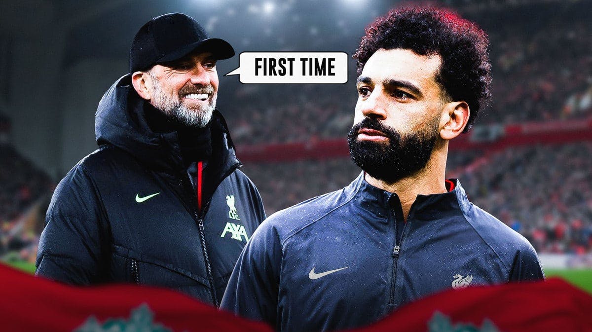 Jurgen Klopp saying: ‘First time’ next to Mohamed Salah, the Liverpool logo behind them
