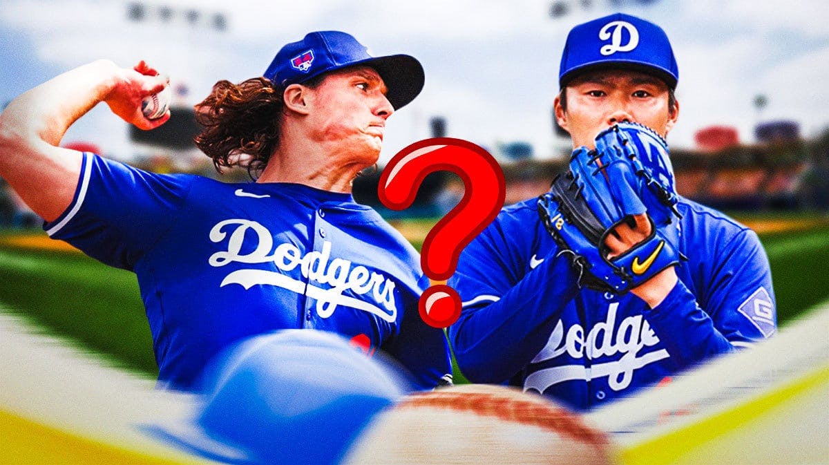 Dodgers' Tyler Glasnow pitching a baseball on right, Dodgers' Yoshinobu Yamamoto pitching a baseball on left. Question mark in middle.