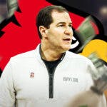 Louisville logo with Scott Drew looking and money flying.