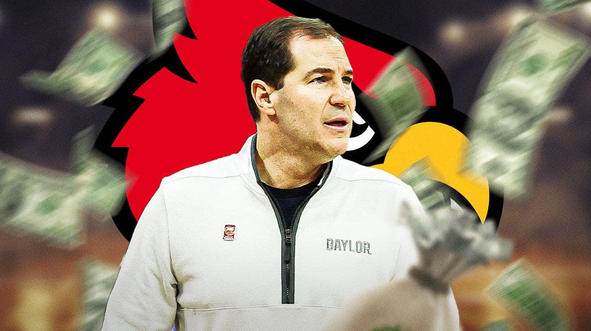 Louisville logo with Scott Drew looking and money flying.