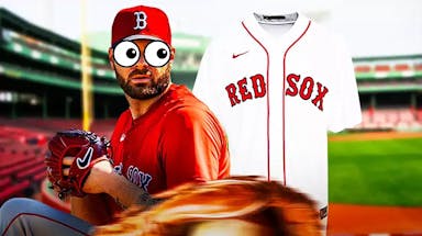 Red Sox’s Lucas Giolito eyes popping out looking at the Boston Red Sox new 2024 Nike uniforms.