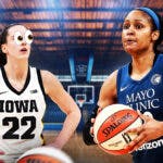 Caitlin Clark eyes popping out looking at Maya Moore. Have Moore in a Minnesota Lynx uniform.