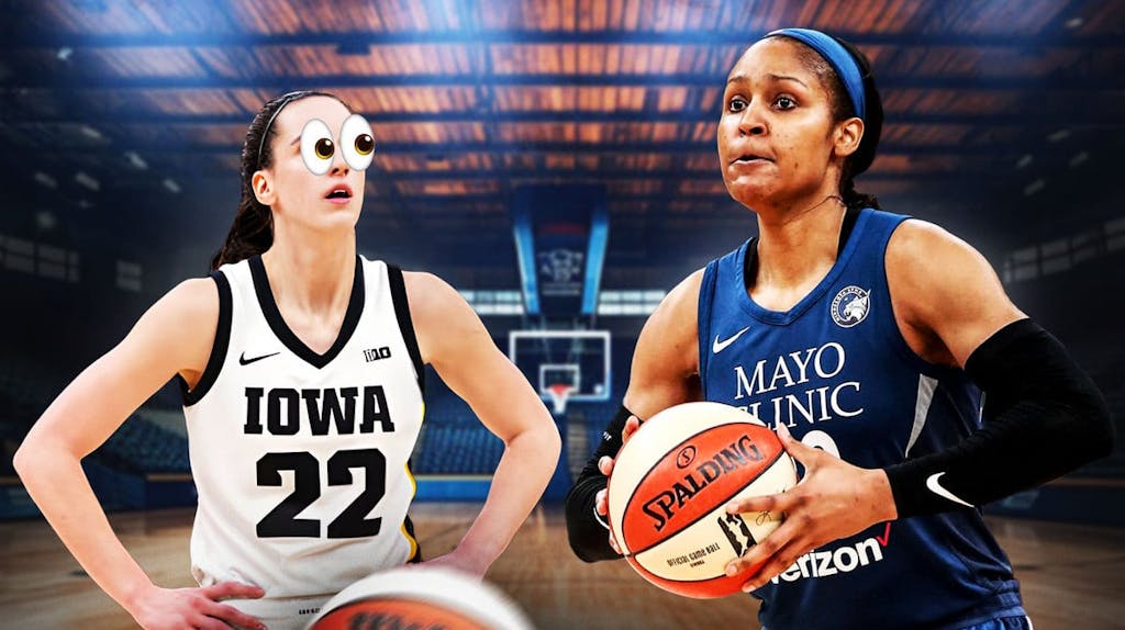 Caitlin Clark eyes popping out looking at Maya Moore. Have Moore in a Minnesota Lynx uniform.