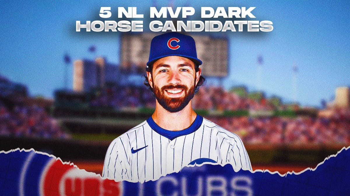 Cubs' Dansby Swanson smiling in front. Wrigley Field background. At top of image, write the following: 5 NL MVP DARK HORSE CANDIDATES
