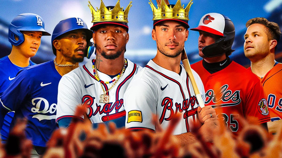 Photo: Ronald Acuna Jr, Matt Olson with crowns on their heads in Braves jerseys, Shohei Ohtani, Mookie Betts, Adley Rutschman, Jose Altuve in background