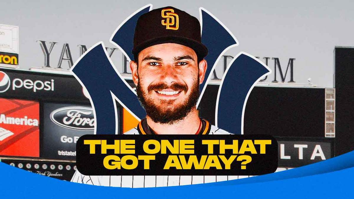 Dylan Cease in Padres uni, with Yankees logo beside him, caption below: THE ONE THAT GOT AWAY?