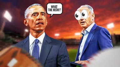 Barack Obama on one side with a speech bubble that says “What the heck!?” Rob Manfred on the other side with the big eyes emoji over his face. MLB commissioner odds