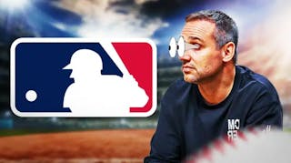 Fanatics CEO Michael Rubin eyes popping out looking at the MLB logo.