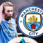 Multiple images of Kevin de Bruyne injured/sad/looking down in front of the Manchester City logo