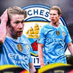 Multiple images of Kevin de Bruyne looking tired/down in front of the Manchester City logo