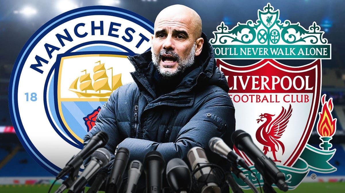 Pep Guardiola in front of the Manchester City and Liverpool logos