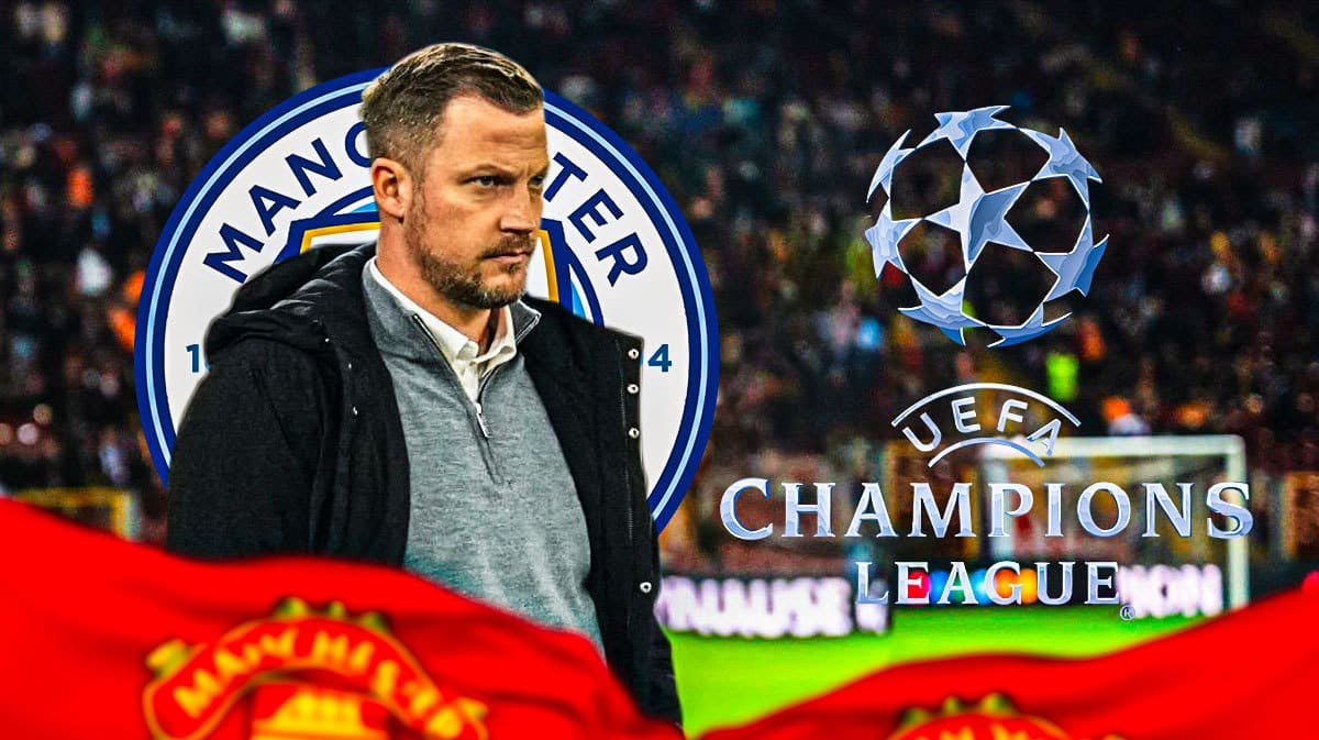 Jacob Neestrup in front of the Manchester City and Champions League logos