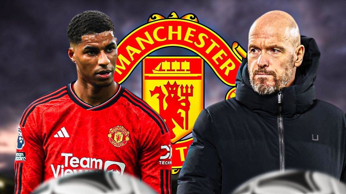 Erik ten Hag and Marcus Rashford in front of the Manchester United logo