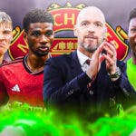 Erik ten Hag, Andre Onana, Rasmus Hojlund, Amad Diallo in front of the manchester United logo