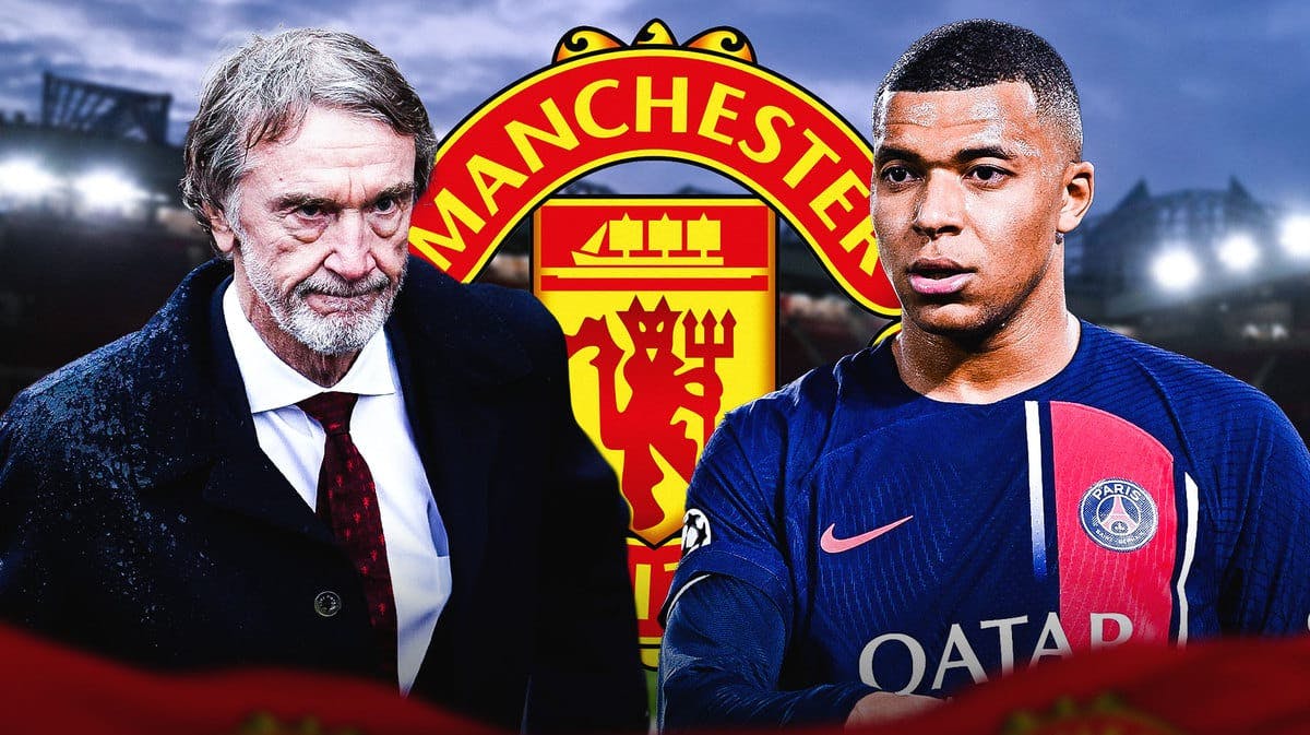 Sir Jim Ratcliffe and Kylian Mbappe in front of the Manchester United logo premier league