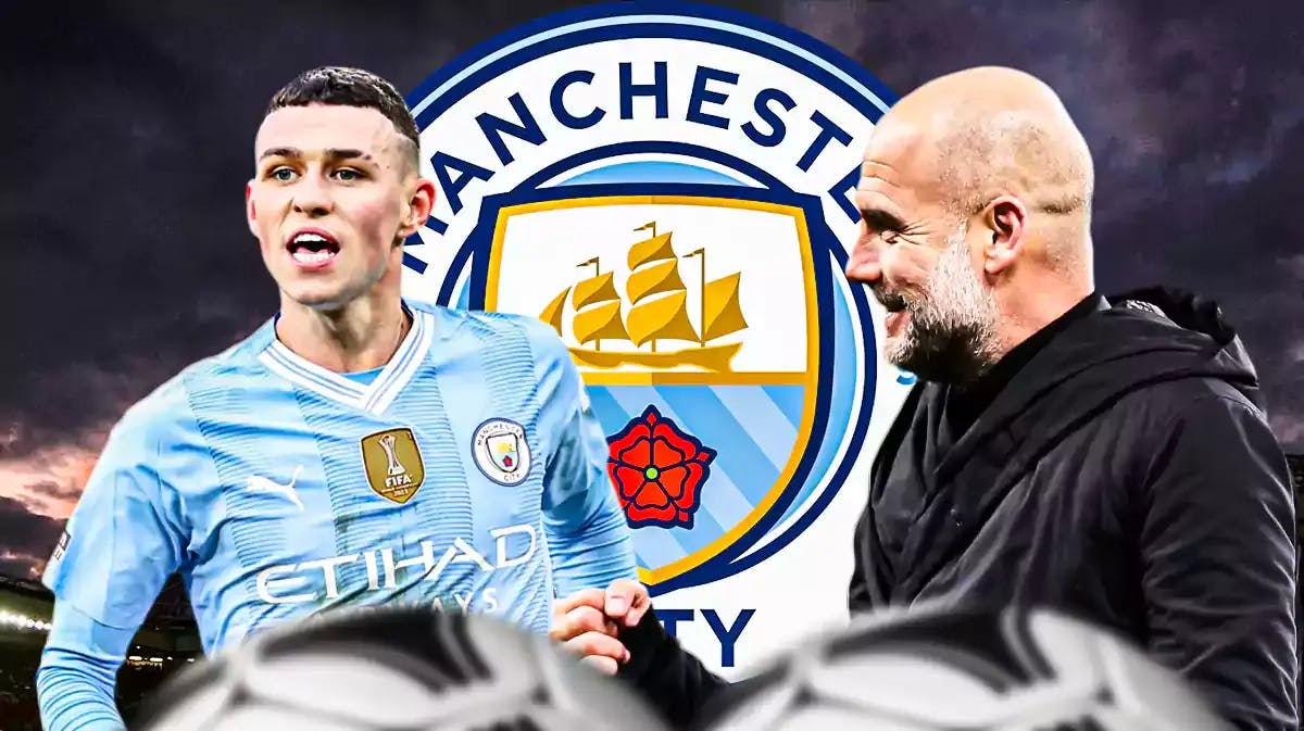 Pep Guardiola smiling next to Phil Foden, the Manchester City logo behind them
