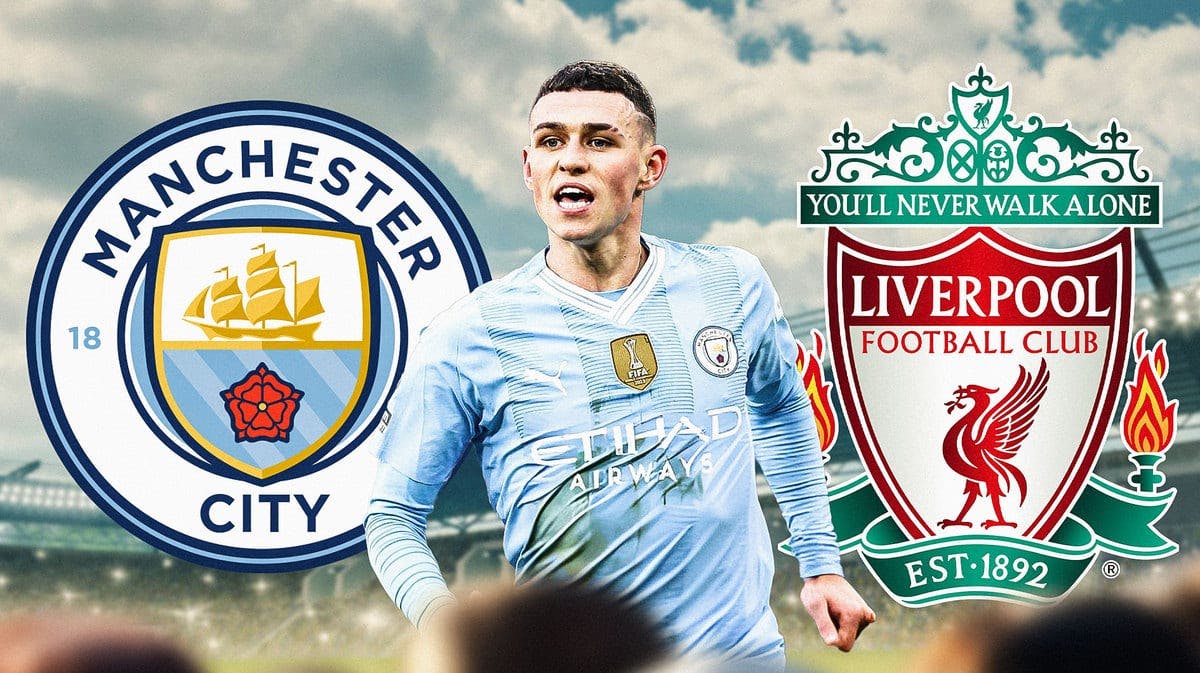Phil Foden in front of the Manchester City and Liverpool logos