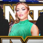 Mandy Rose next to the blacked out silhouettes of Gigi Dolin and Jacy Jayne with the 2022 NXT logo as the background.