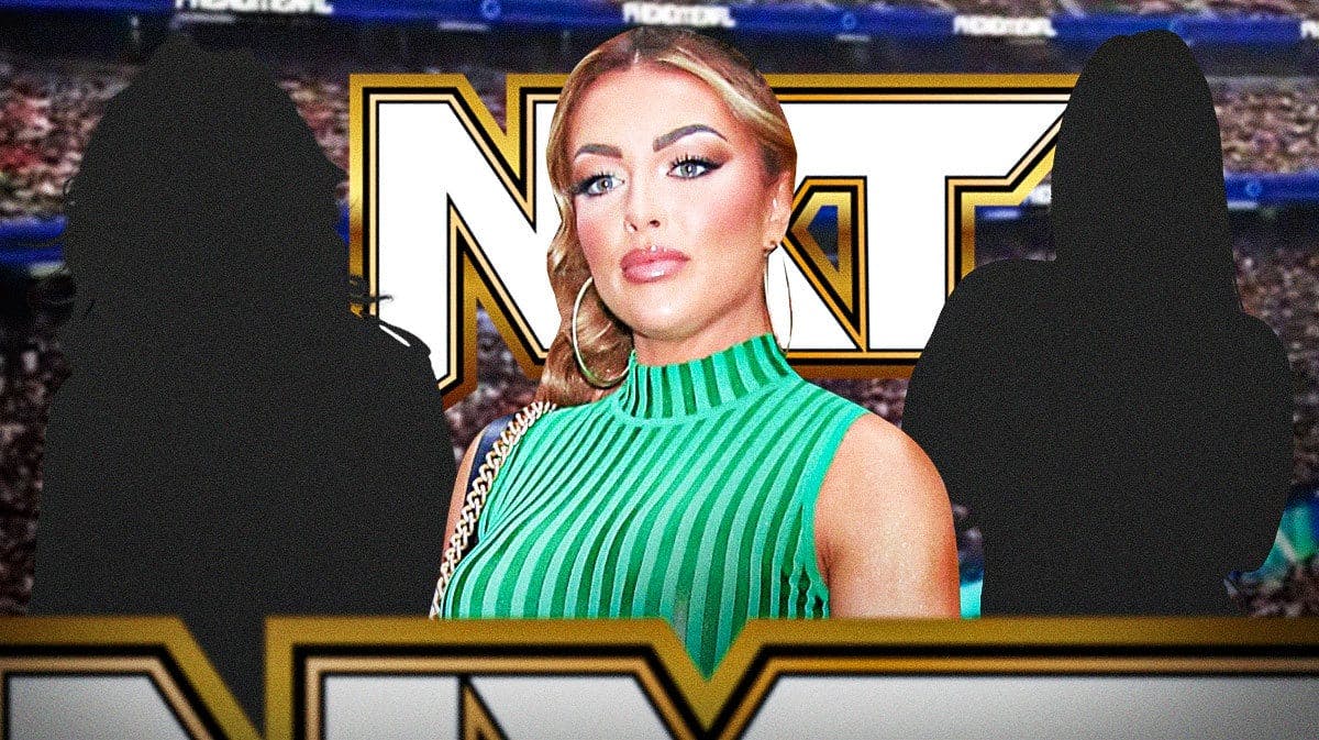 Mandy Rose next to the blacked out silhouettes of Gigi Dolin and Jacy Jayne with the 2022 NXT logo as the background.