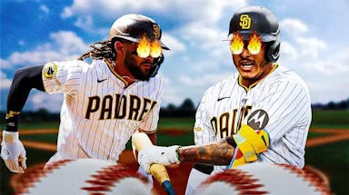Photo: Fernando Tatis Jr, Manny Machado with fire in their eyes in Padres jerseys talking