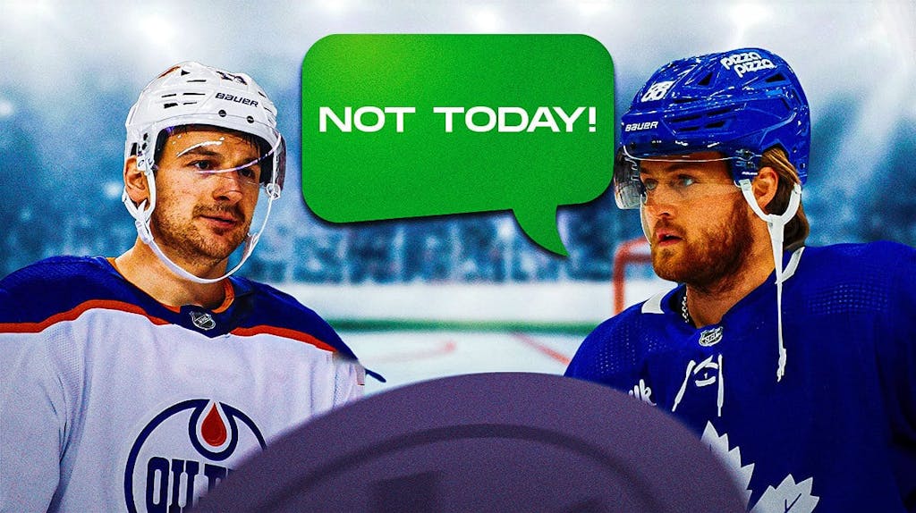 William Nylander on one side with a speech bubble that says “Not today!”, Zach Hyman on the other side with the big eyes emoji over his face