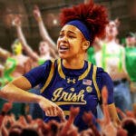 Notre Dame player Hannah Hidalgo looking angry and have Notre Dame fans in background upset