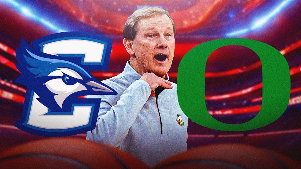 Dana Altman with both the Oregon Ducks logo and Creighton Bluejays logo in the background, March Madness
